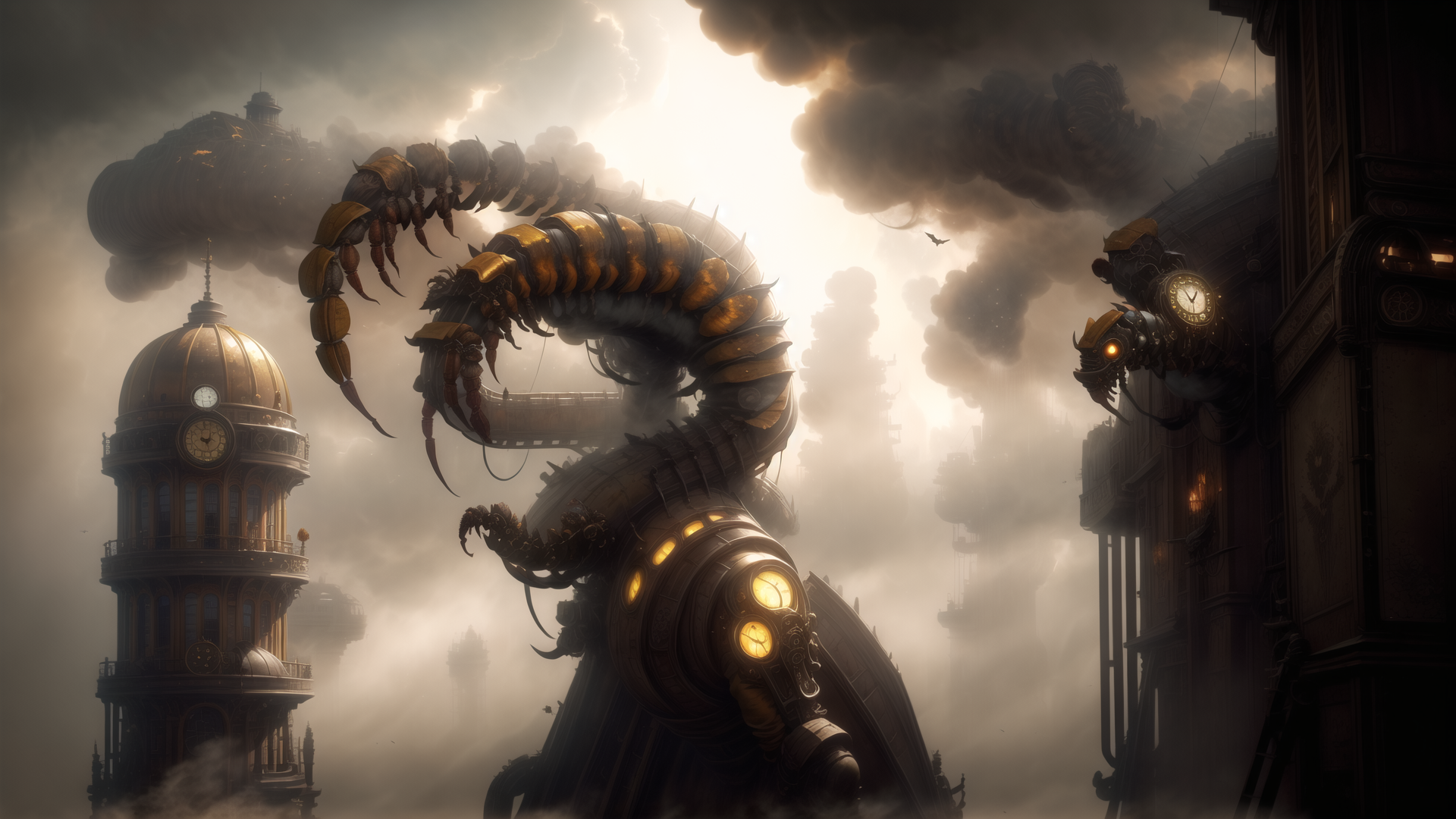 AI generated wallpaper featuring mechanical creature, steampunk building, clock tower