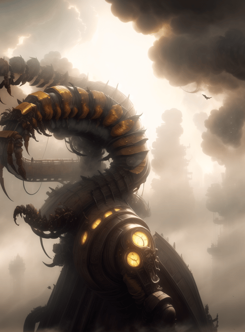mechanical creature, steampunk building, clock tower