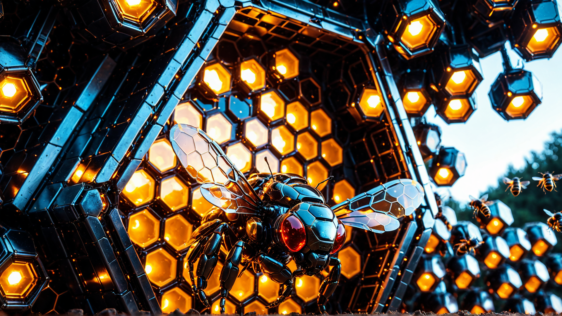 AI generated wallpaper featuring bee, honeycomb, lights, robot, structure