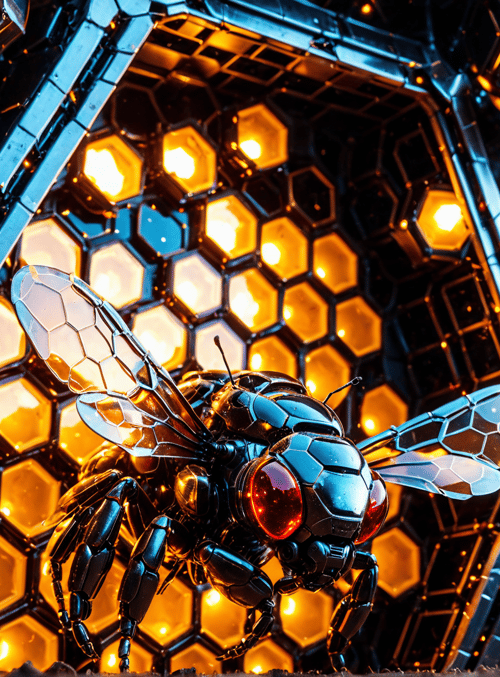 bee, honeycomb, lights, robot, structure