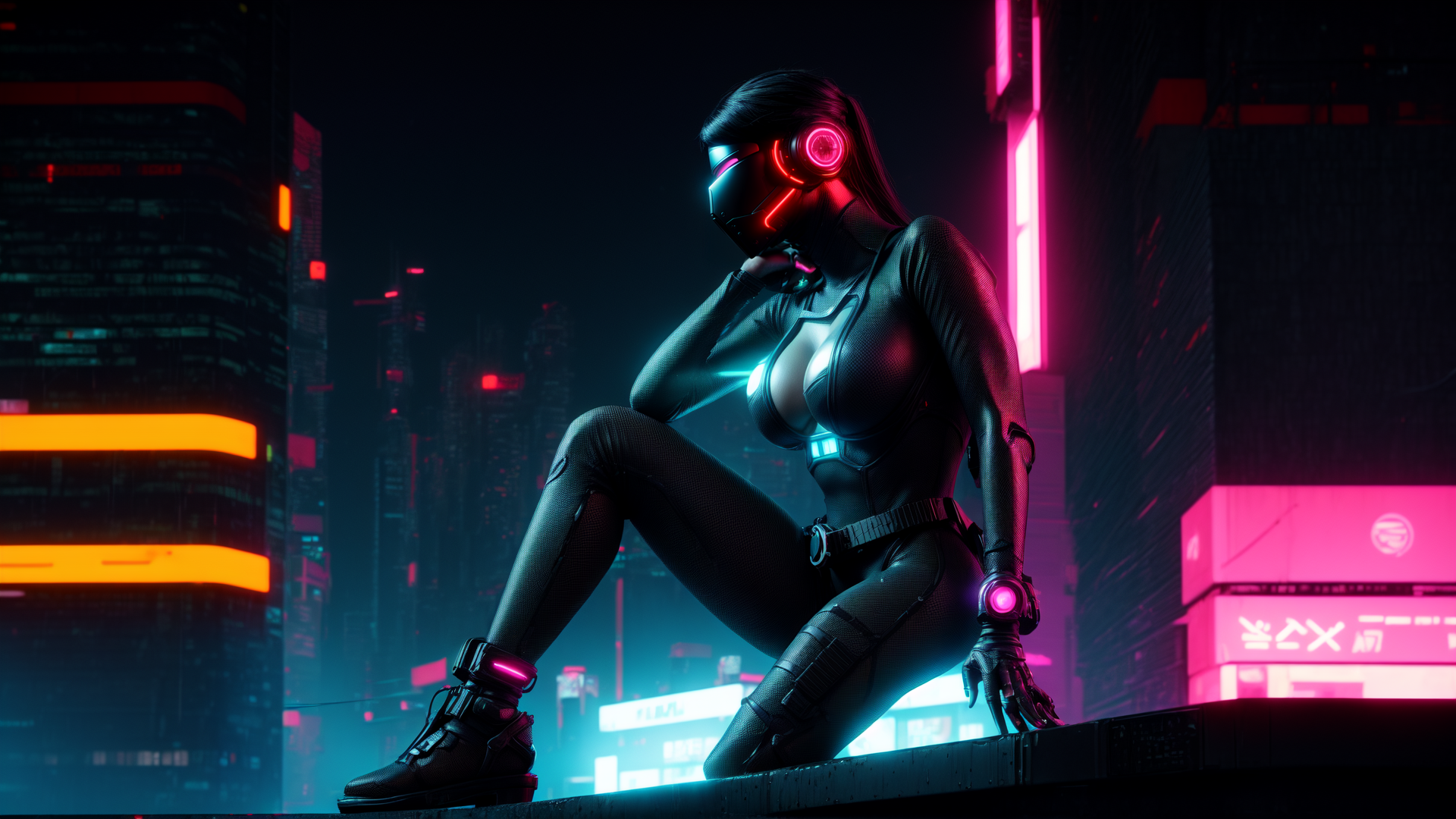 AI generated wallpaper featuring cyborg, woman, cityscape