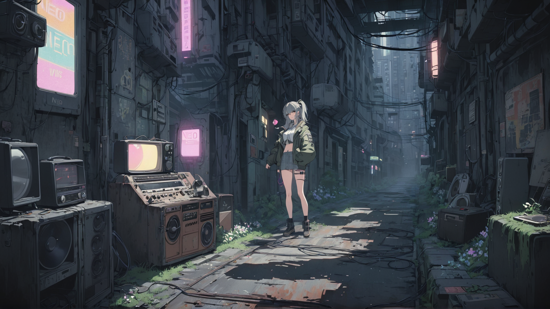 AI generated wallpaper featuring girl, alley, electronics