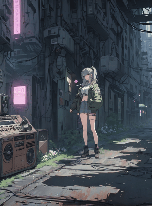 girl, alley, electronics