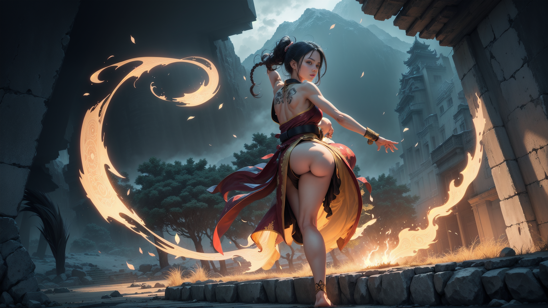 AI generated wallpaper featuring woman, fire, scroll