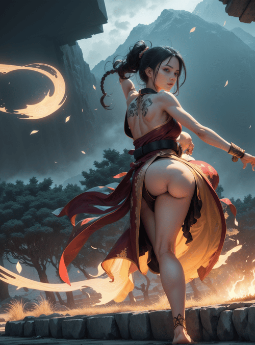 woman, fire, scroll