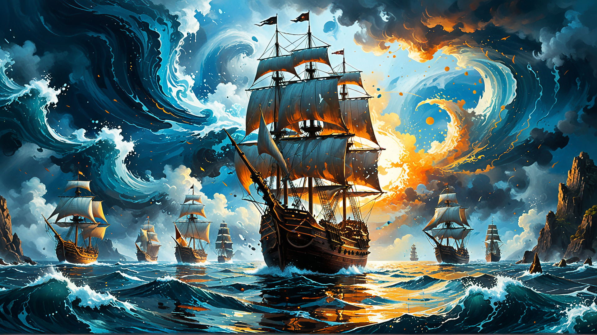 AI generated wallpaper featuring ship, sail, ocean, wave, cloud, sun, rock