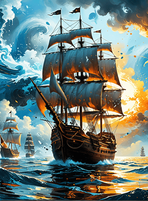 ship, sail, ocean, wave, cloud, sun, rock