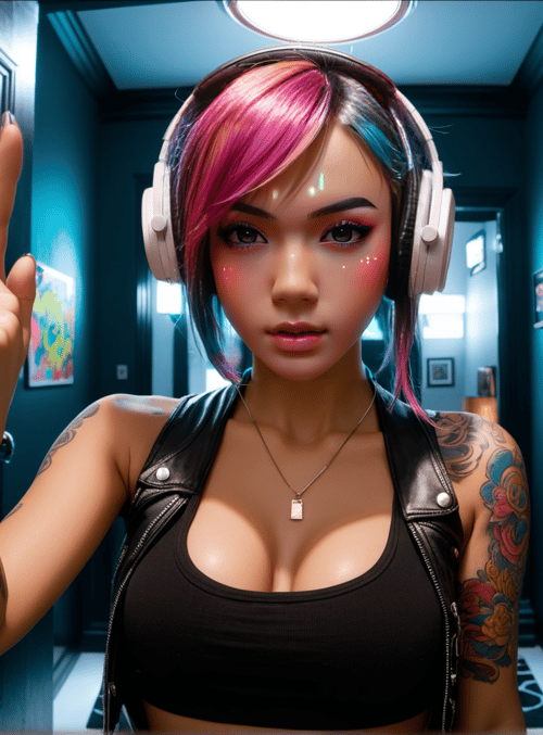 woman, tattoo, headphones