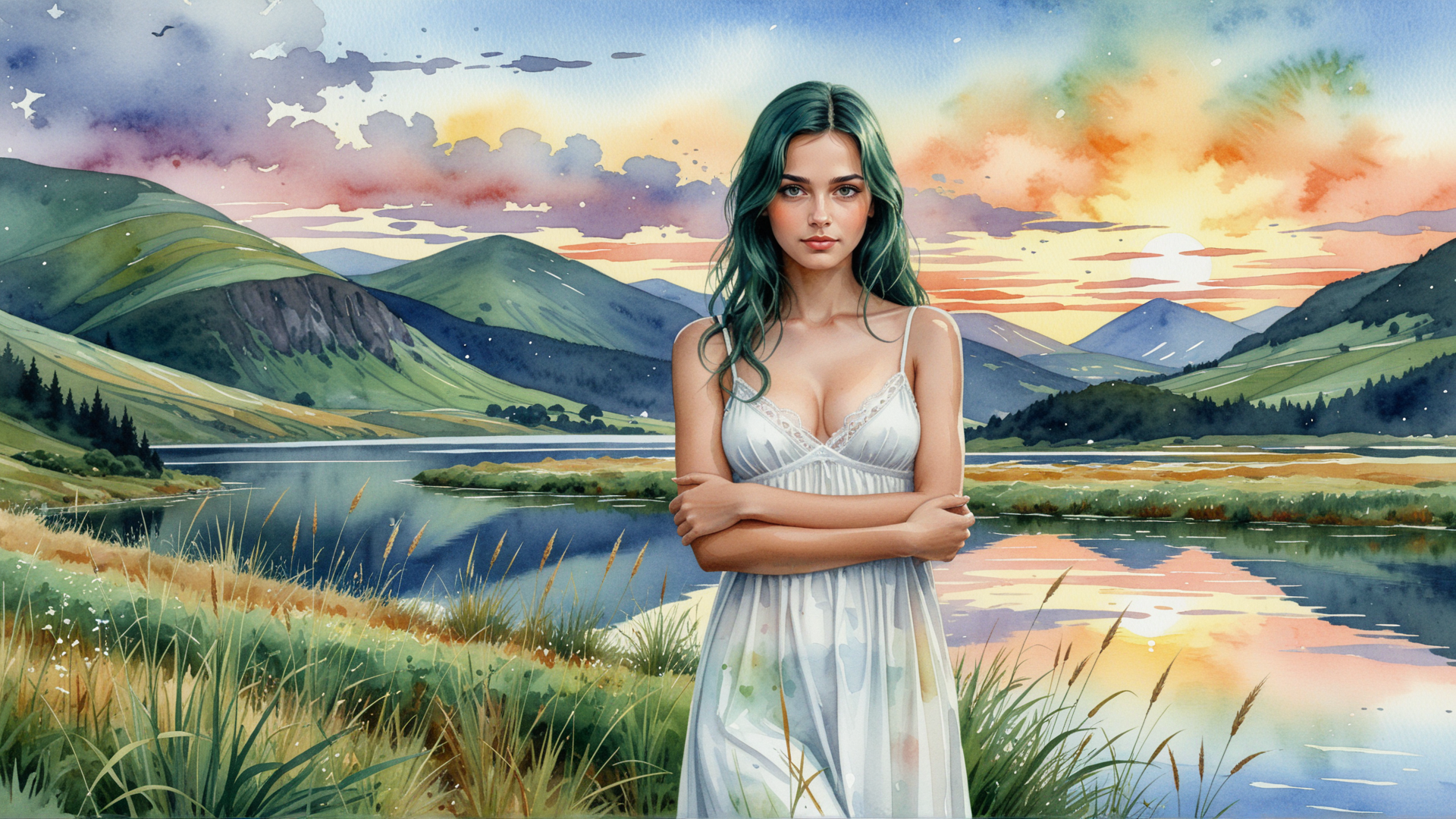 AI generated wallpaper featuring woman, lake, mountains, grass, sun, clouds, dress, landscape, sky, sunrise