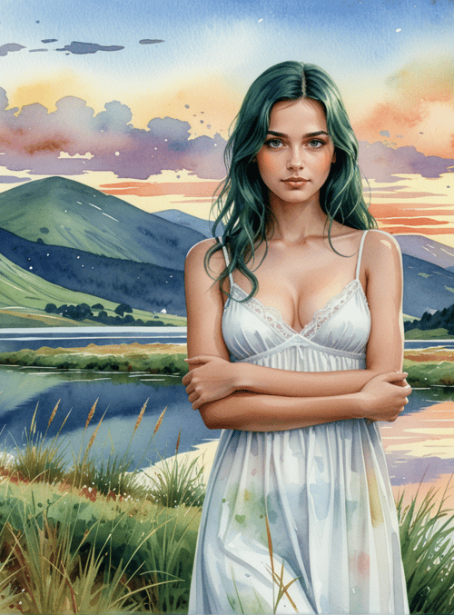 woman, lake, mountains, grass, sun, clouds, dress, landscape, sky, sunrise