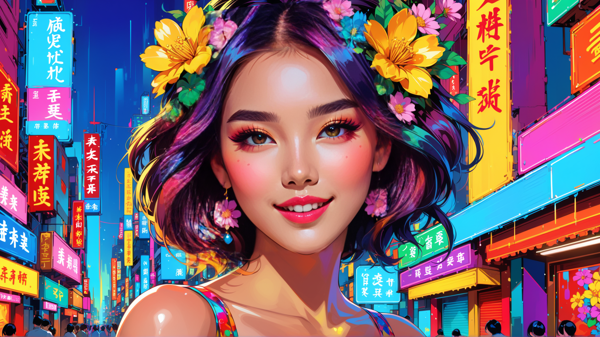 AI generated wallpaper featuring woman, neon, flowers