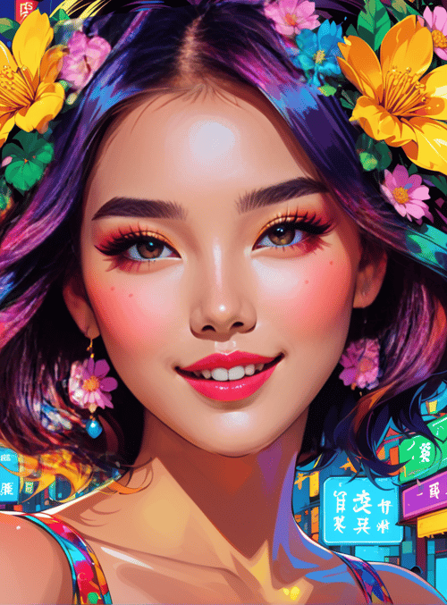 woman, neon, flowers