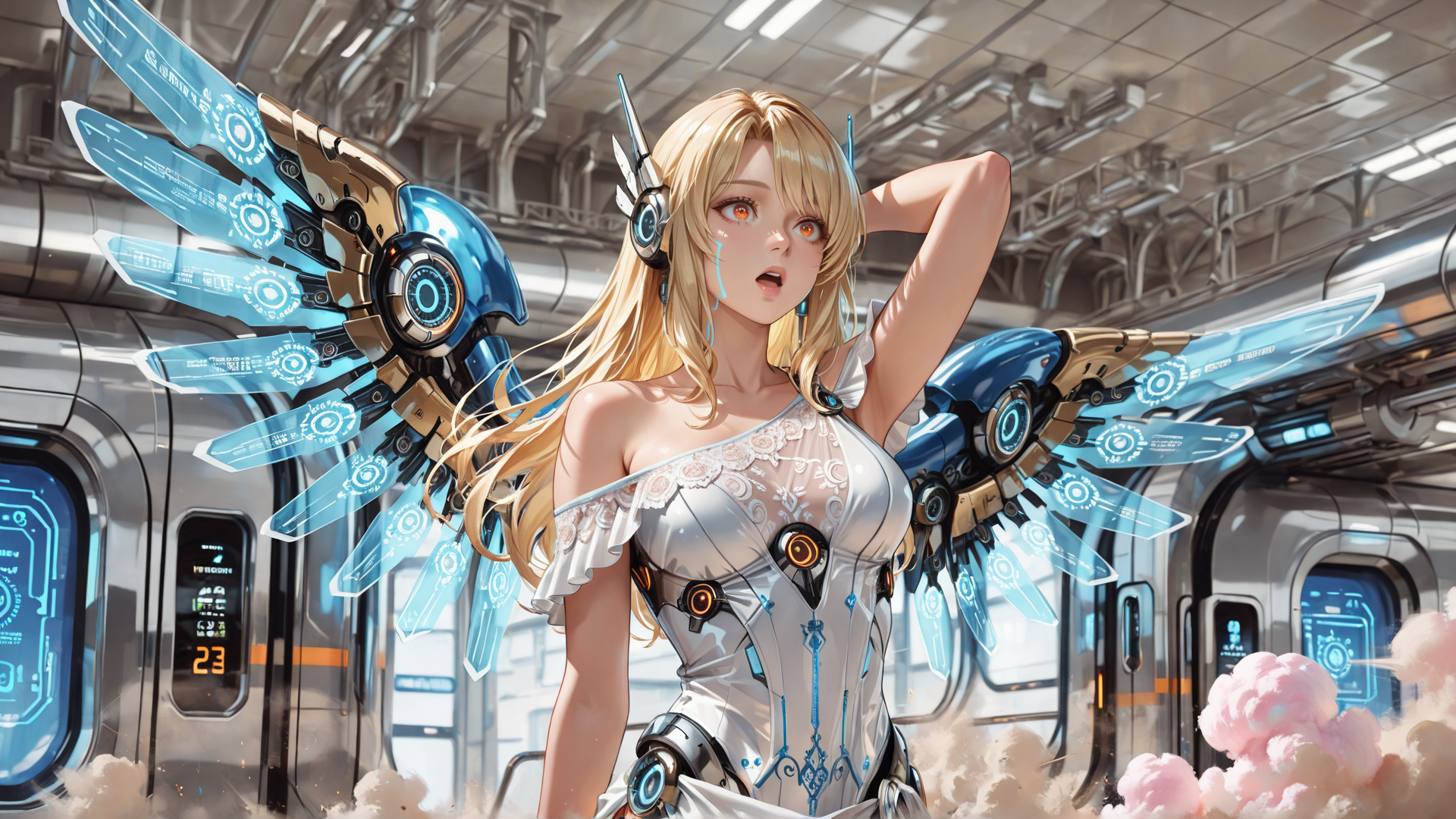 AI generated wallpaper featuring woman, cyborg, robotic wings, futuristic train, goggles, laptop, clouds, sleeveless dress, mechanical arms, headphones