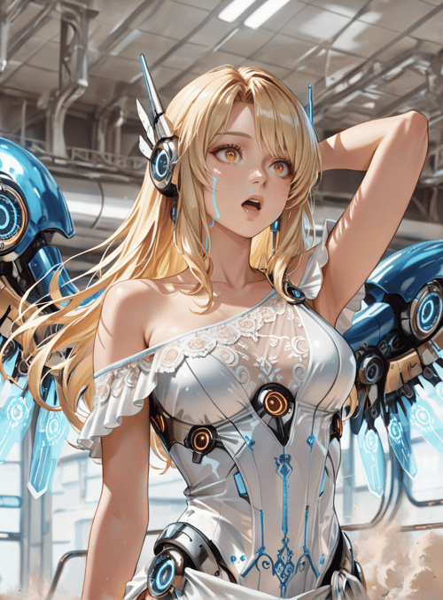 woman, cyborg, robotic wings, futuristic train, goggles, laptop, clouds, sleeveless dress, mechanical arms, headphones