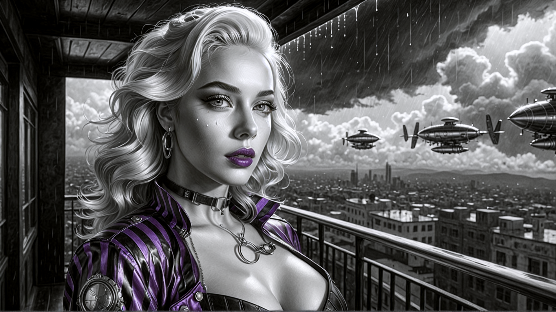 AI generated wallpaper featuring woman, blonde, zeppelin, city, rain
