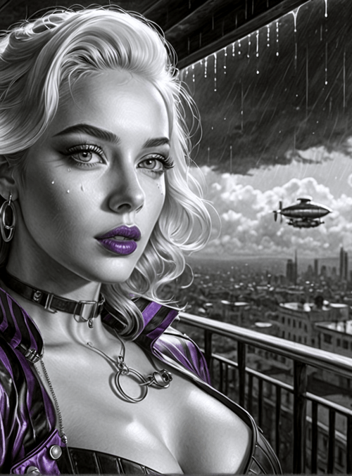 woman, blonde, zeppelin, city, rain