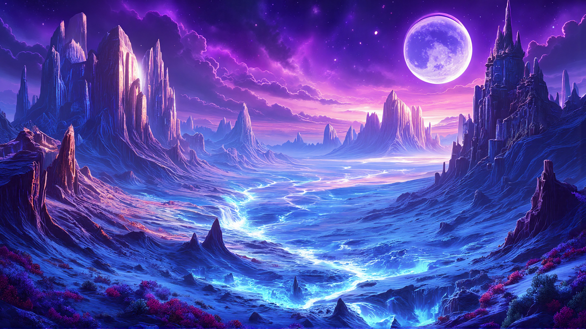 AI generated wallpaper featuring mountains, castle, river, moon, stars, clouds, desert, canyon, crystals, flowers