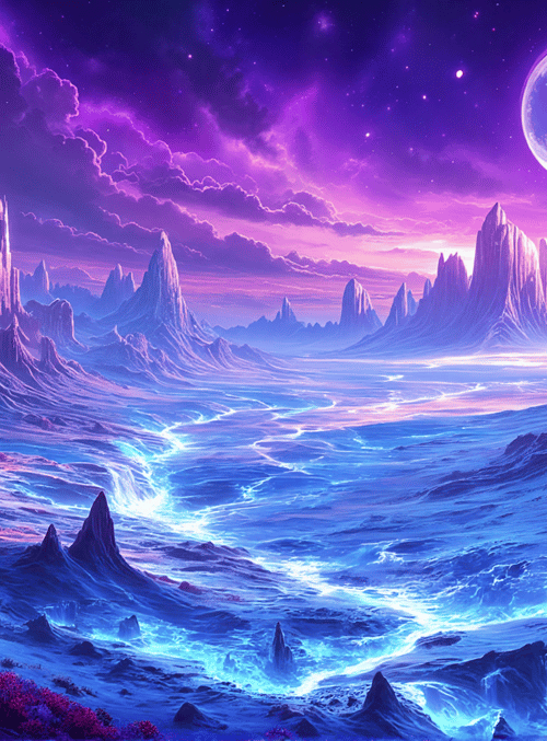 mountains, castle, river, moon, stars, clouds, desert, canyon, crystals, flowers