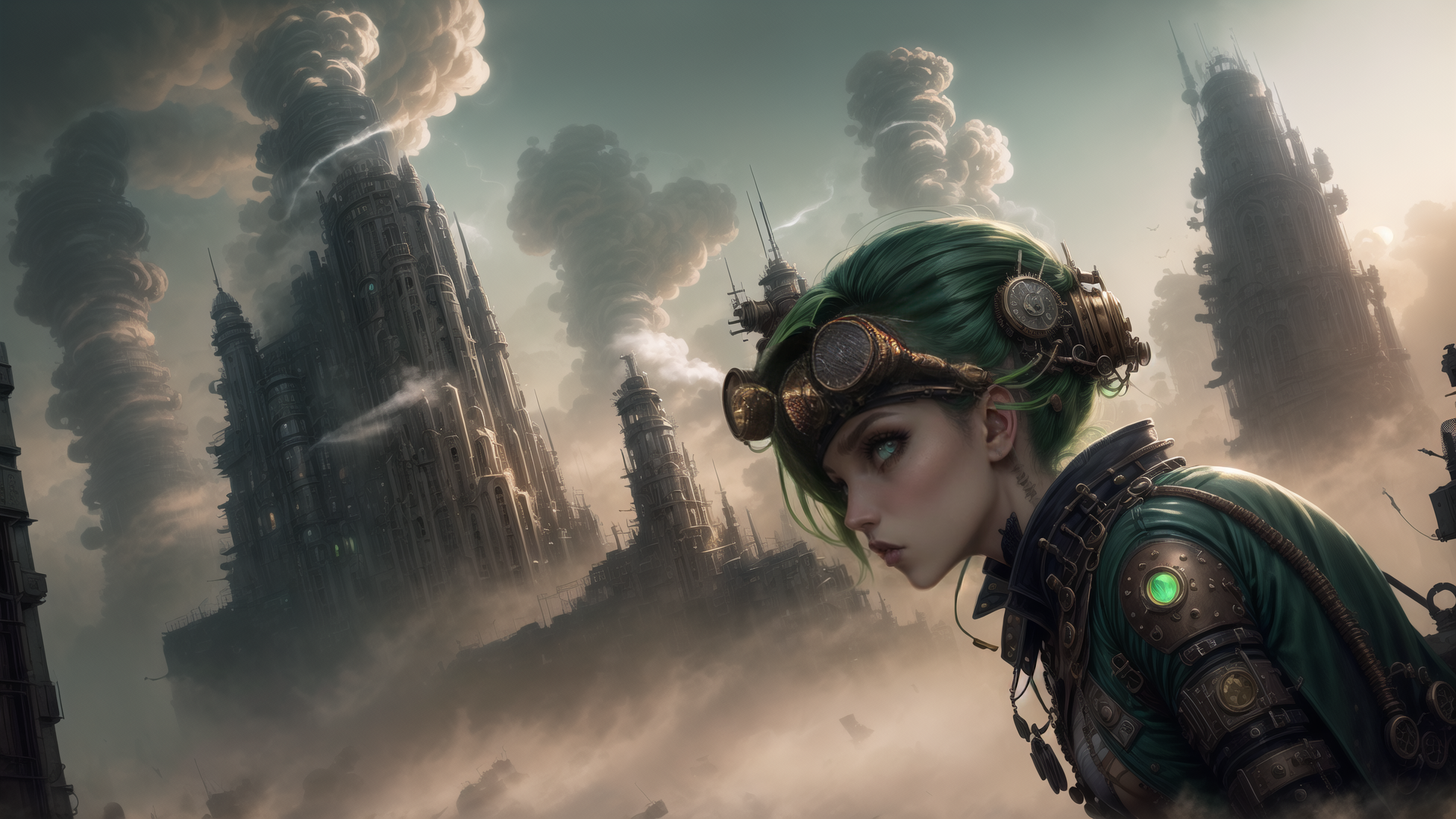AI generated wallpaper featuring steampunk woman, cityscape, towers