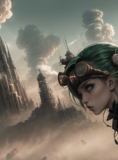steampunk woman, cityscape, towers