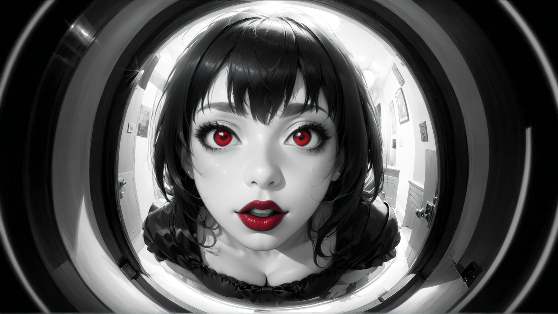 AI generated wallpaper featuring girl, corridor, fisheye, portrait