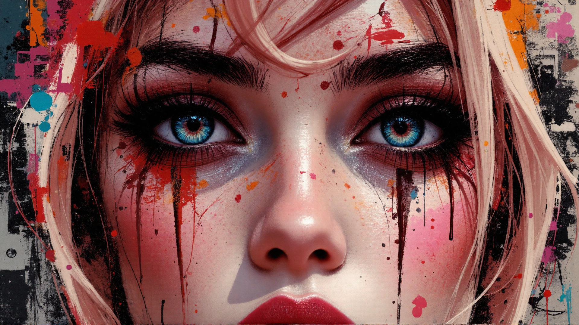 AI generated wallpaper featuring face, eyes, paint, woman