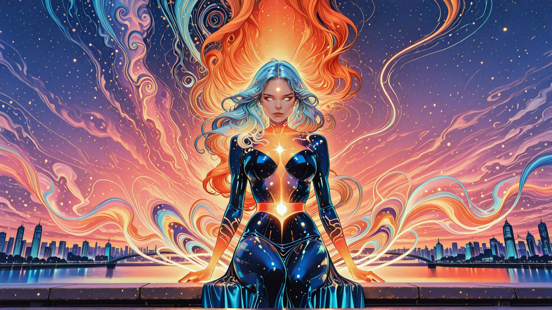 AI generated wallpaper featuring woman, cityscape, stars, hair, glowing, silk, bridge, sky, light, aura