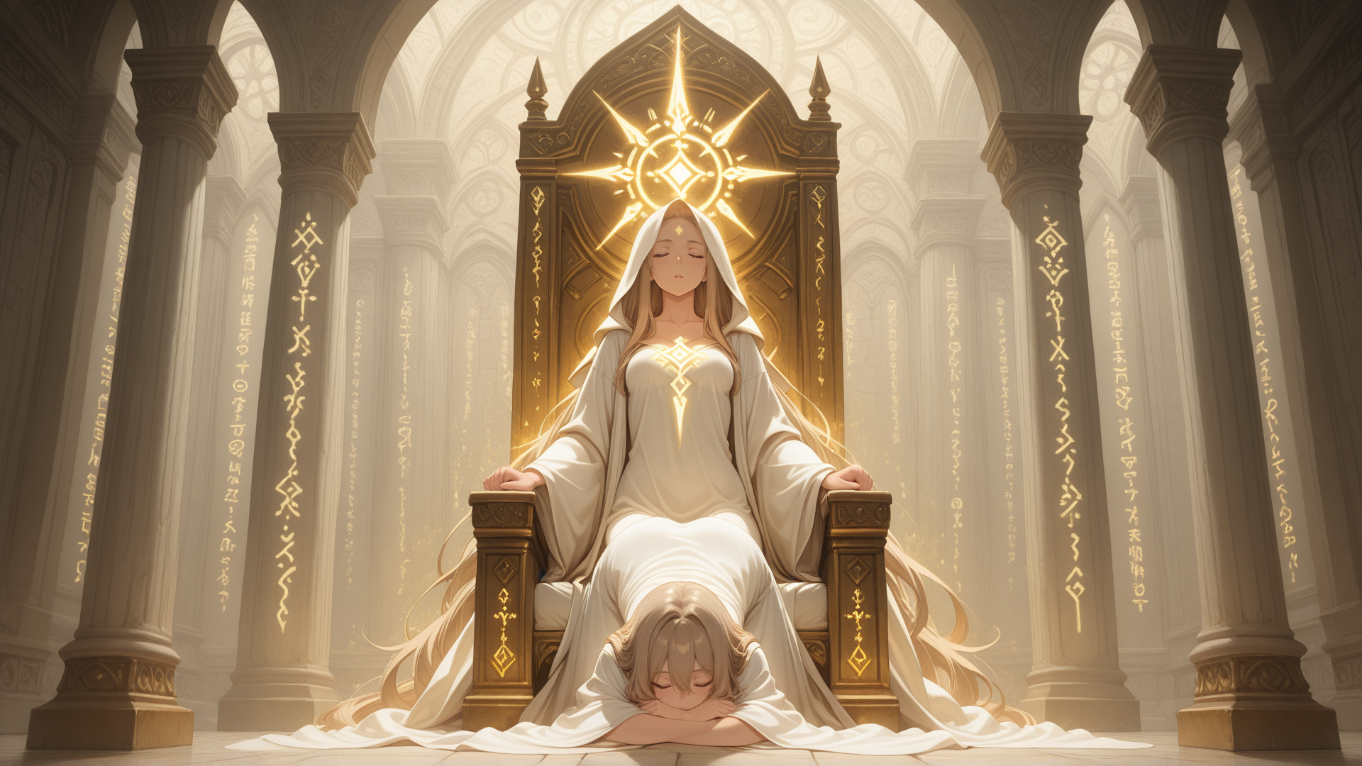 AI generated wallpaper featuring queen, woman, girl, throne, cathedral, symbol, light, hooded, goddess, ancient