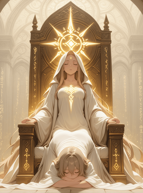 queen, woman, girl, throne, cathedral, symbol, light, hooded, goddess, ancient