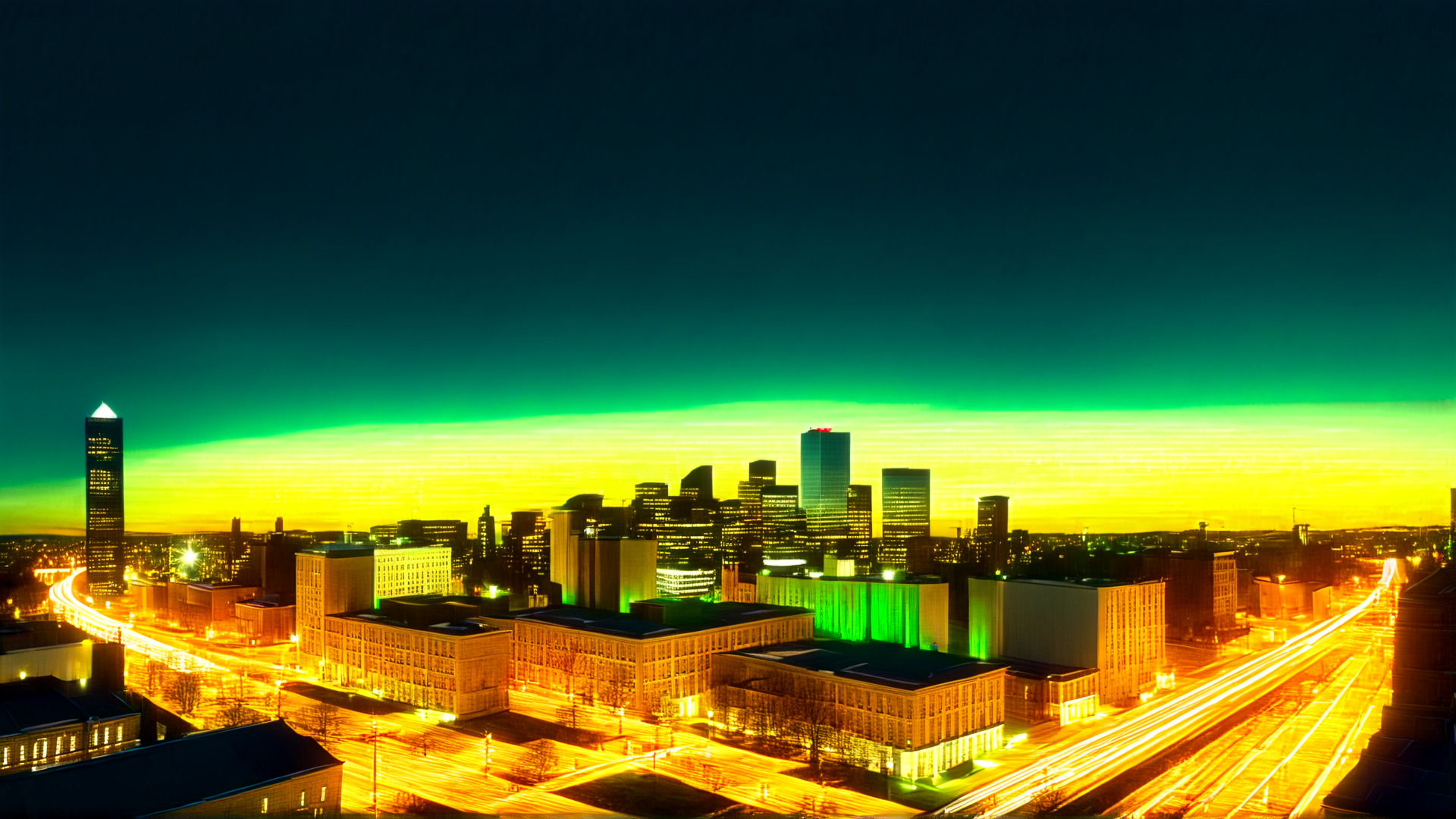 AI generated wallpaper featuring city, aurora, buildings
