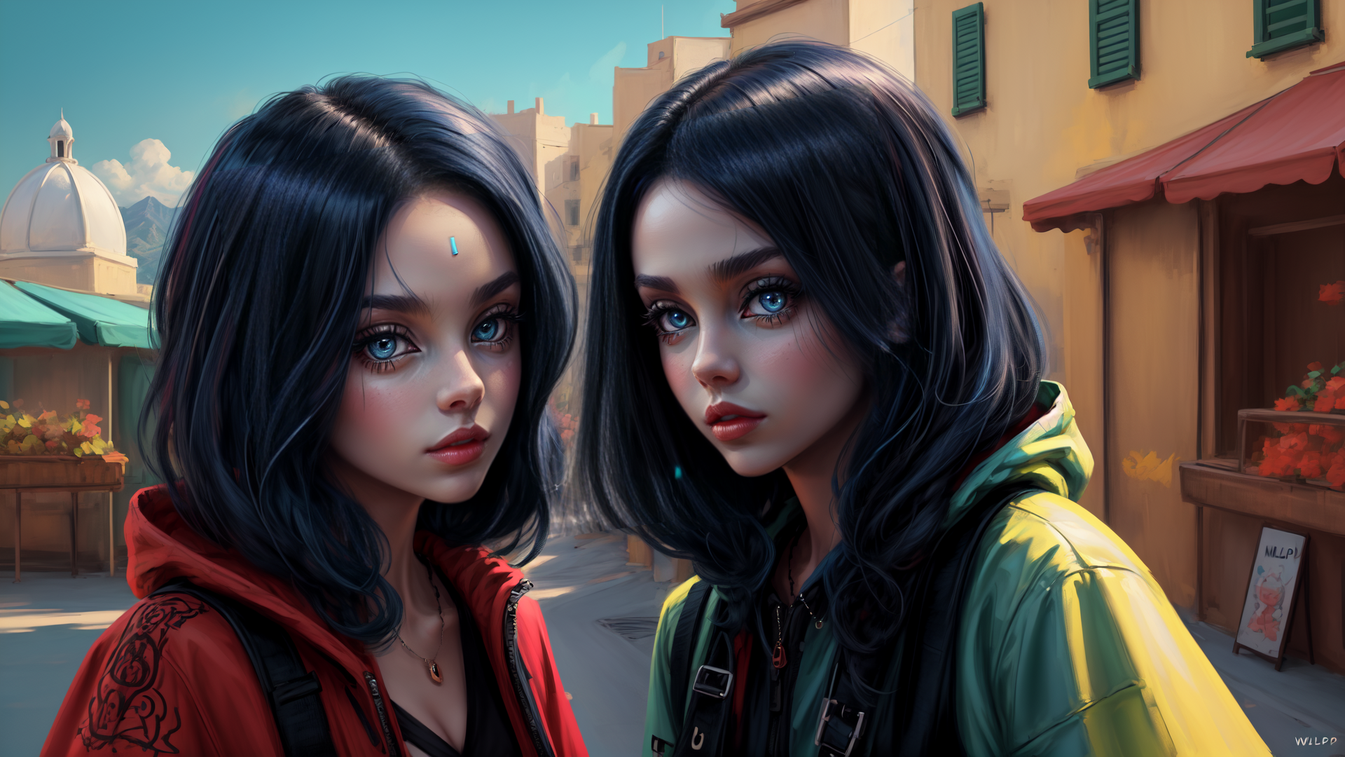 AI generated wallpaper featuring girls, street, buildings