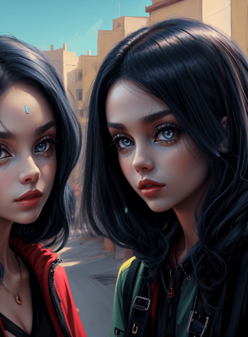 girls, street, buildings
