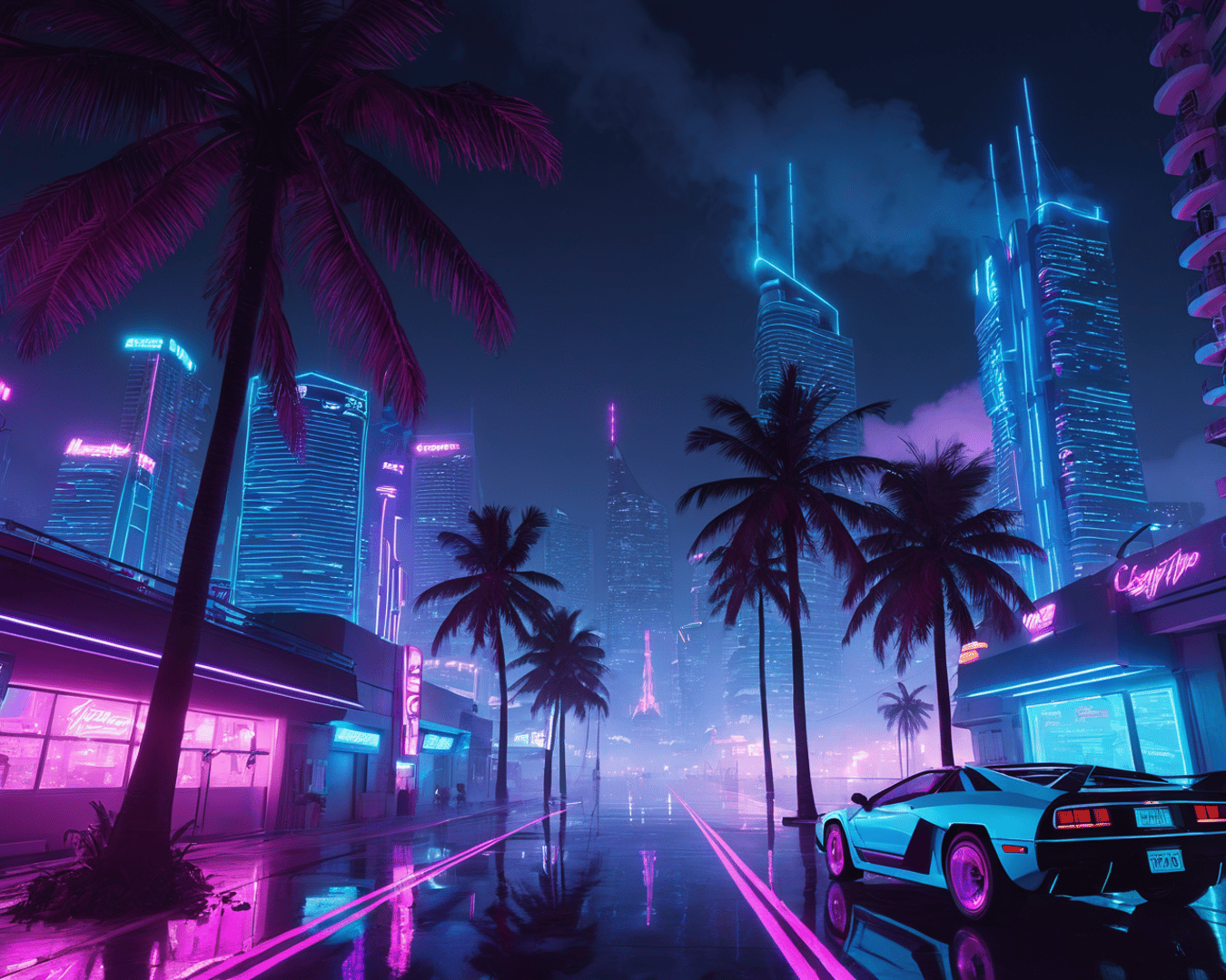 AI generated wallpaper featuring city, car, palm trees