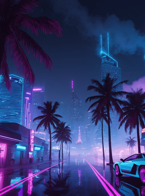 city, car, palm trees