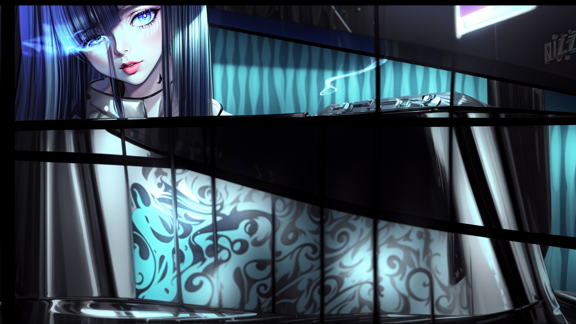 AI generated wallpaper featuring woman, piano, screen