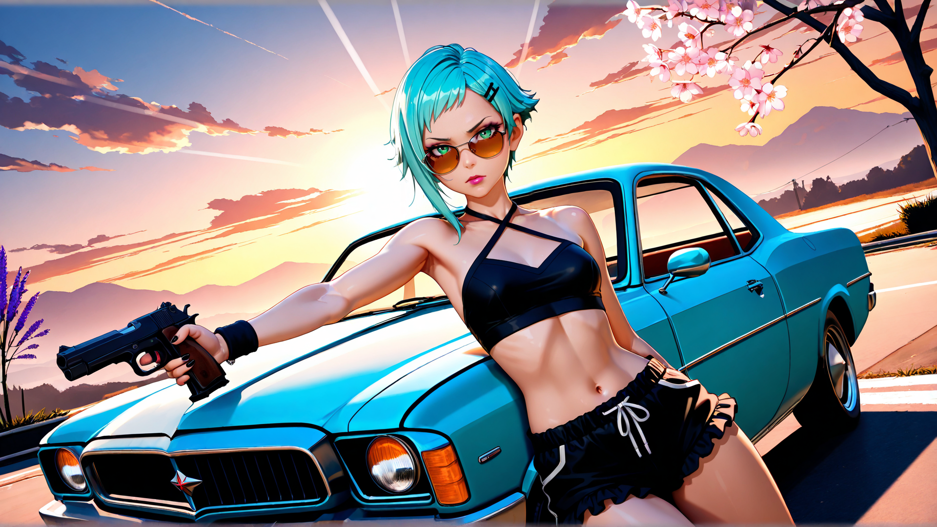 AI generated wallpaper featuring woman, car, gun, cherry blossom, sunset