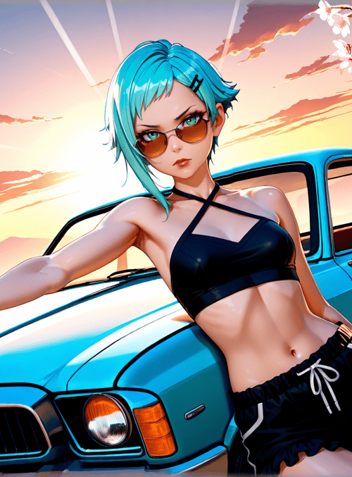 woman, car, gun, cherry blossom, sunset