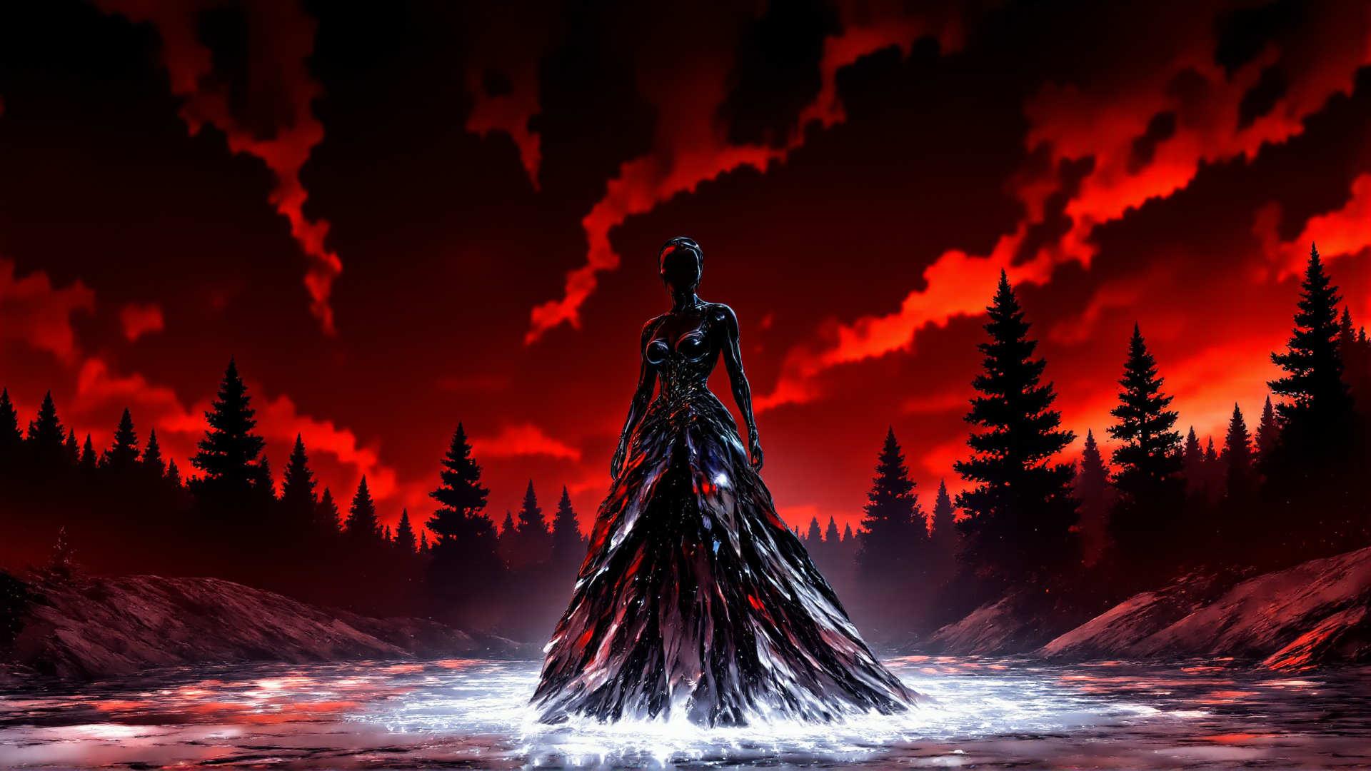 AI generated wallpaper featuring woman, dress, forest, river, trees