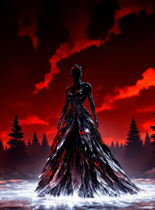 woman, dress, forest, river, trees