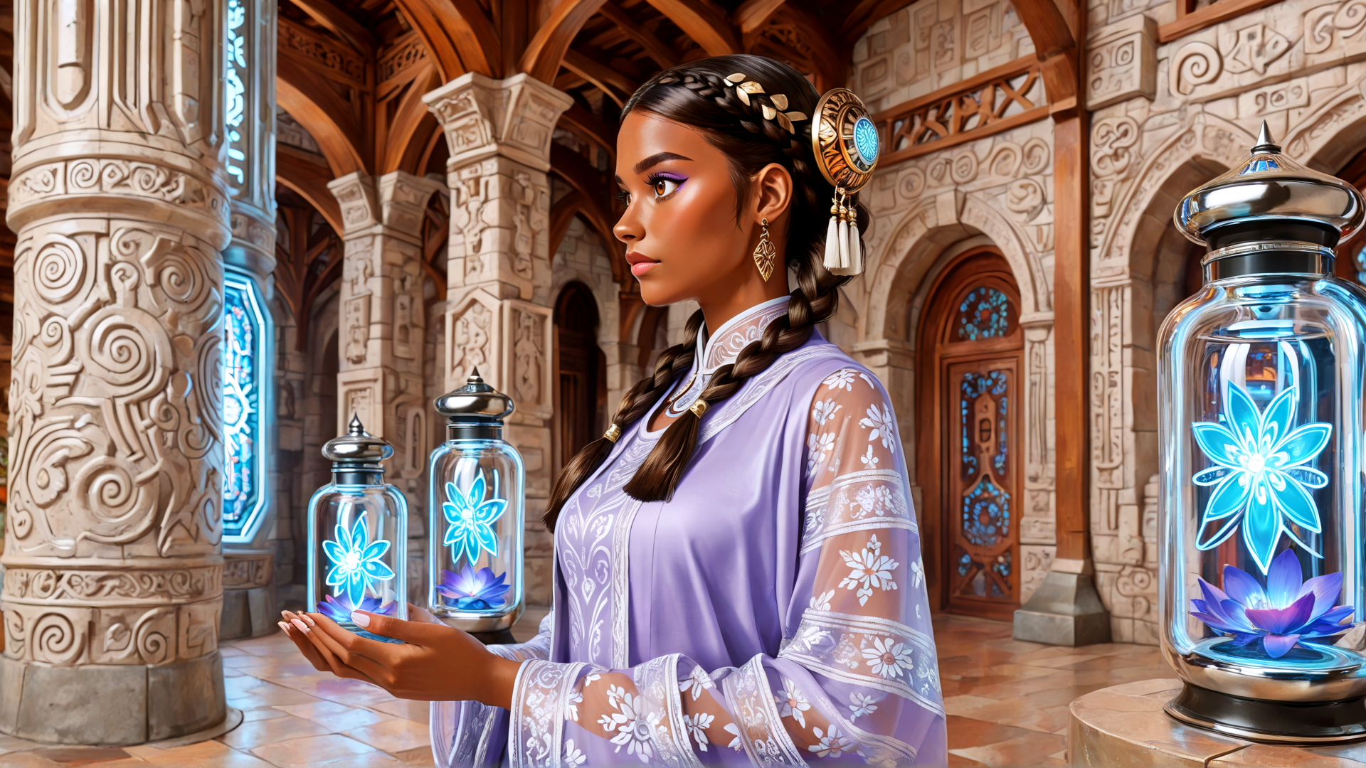 AI generated wallpaper featuring woman, lamps, garden, architecture, flower