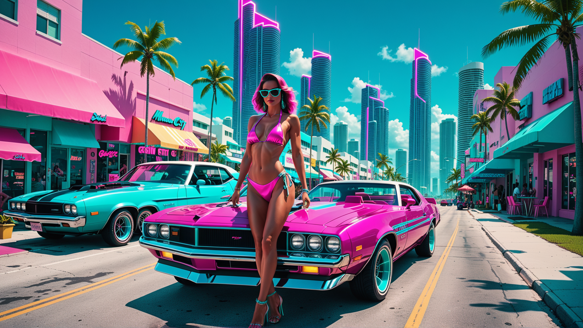 AI generated wallpaper featuring woman, car, city