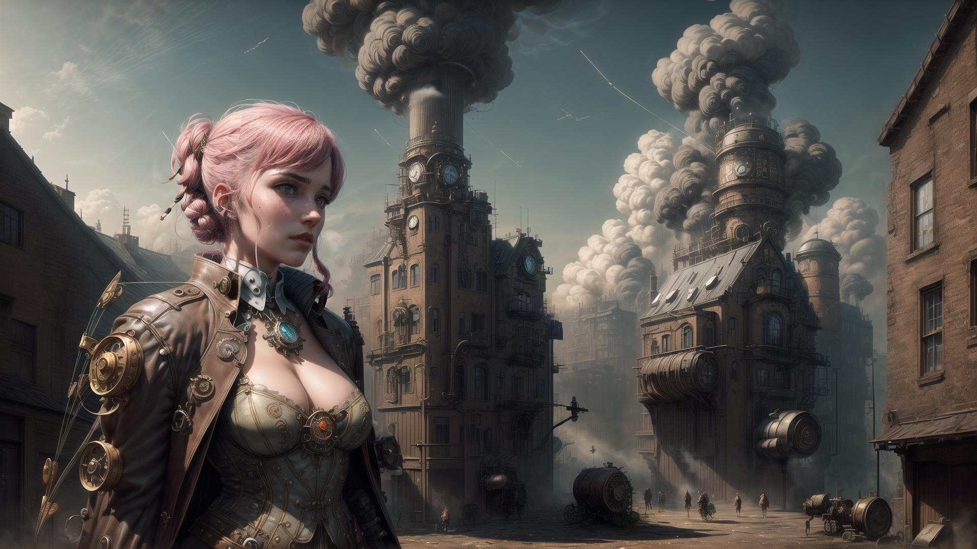 AI generated wallpaper featuring woman, steampunk, city