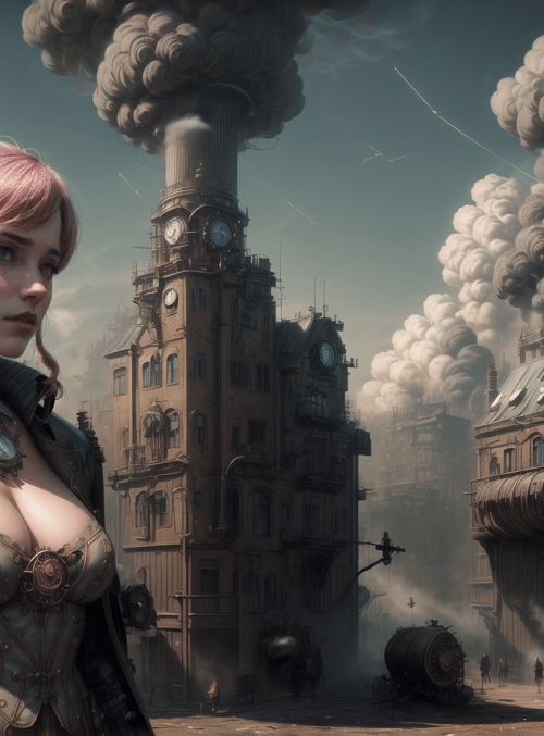woman, steampunk, city