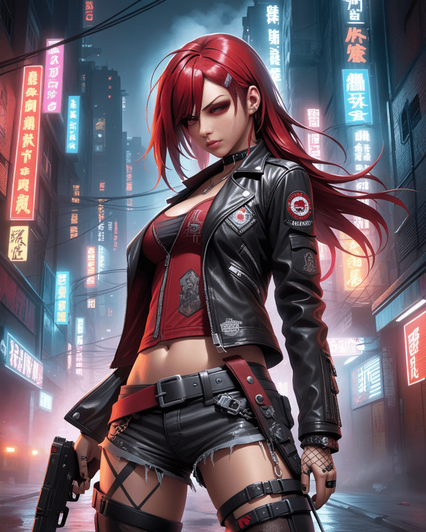 AI generated wallpaper featuring cyberpunk woman, neon city