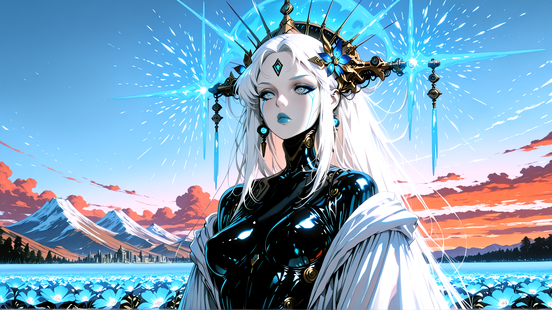 AI generated wallpaper featuring woman, crown, flower, mountain, sky, water, city