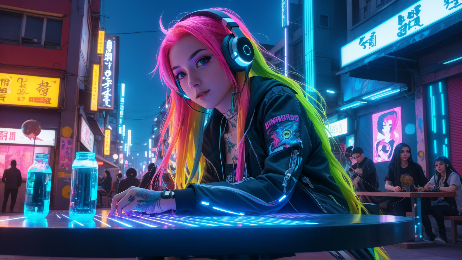AI generated wallpaper featuring girl, neon, headphones