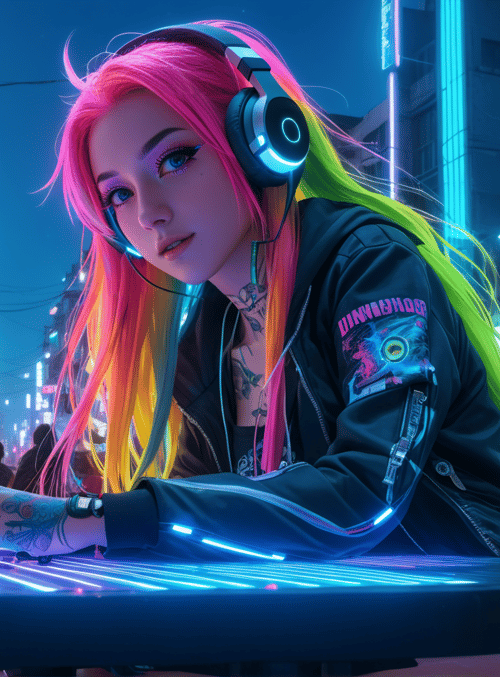 girl, neon, headphones