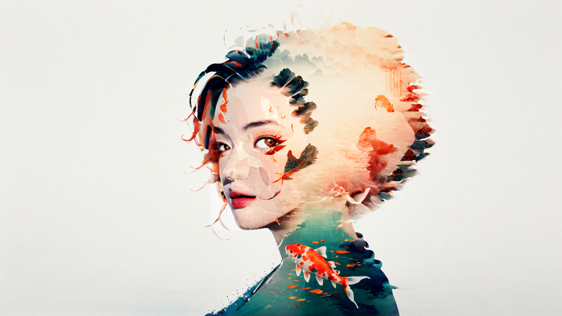 AI generated wallpaper featuring woman, fish, hair, water