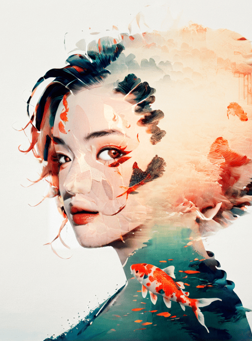 woman, fish, hair, water