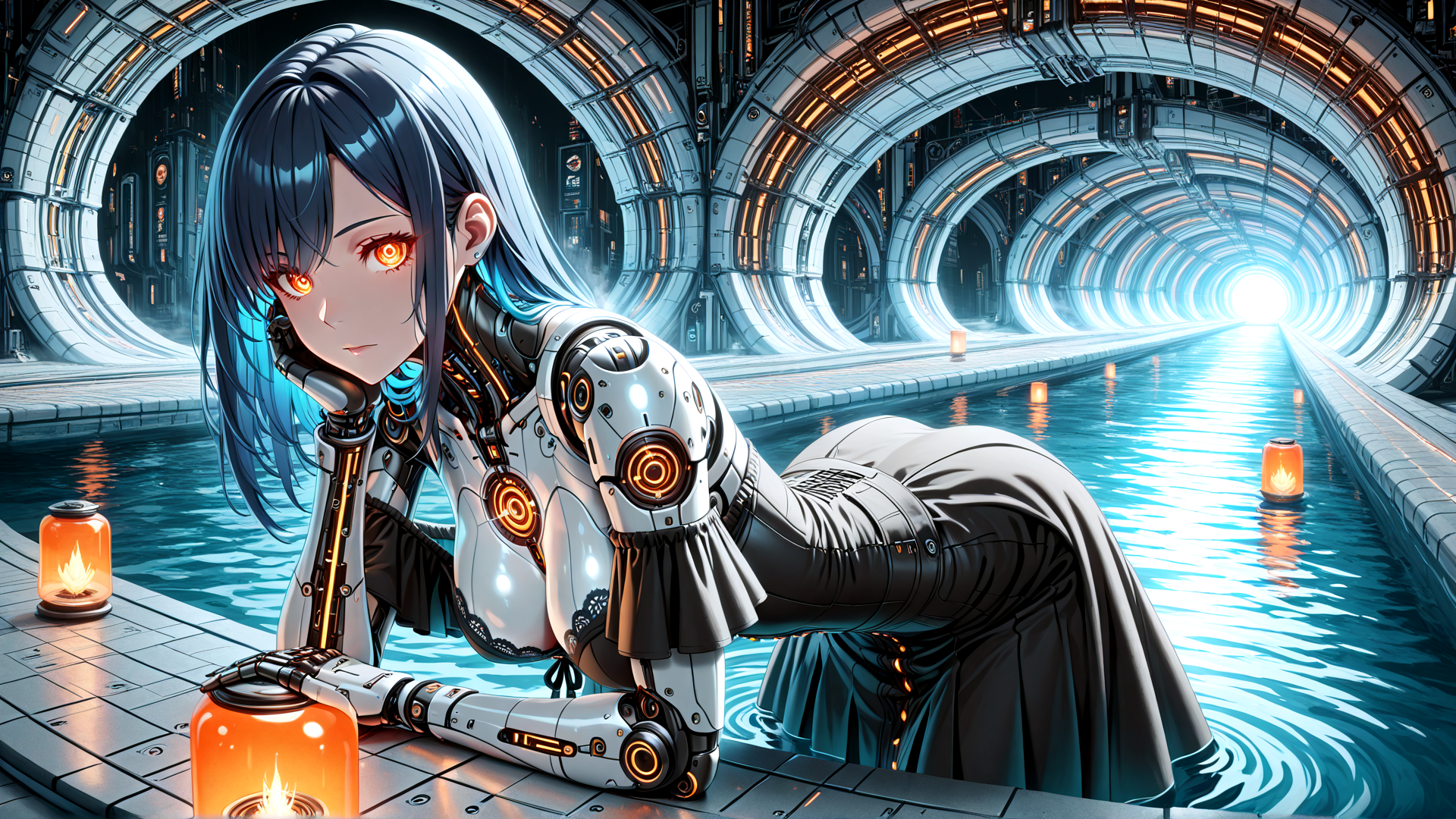 AI generated wallpaper featuring cyborg, anime girl, robot, neon, futuristic, space station, aquatic tunnel